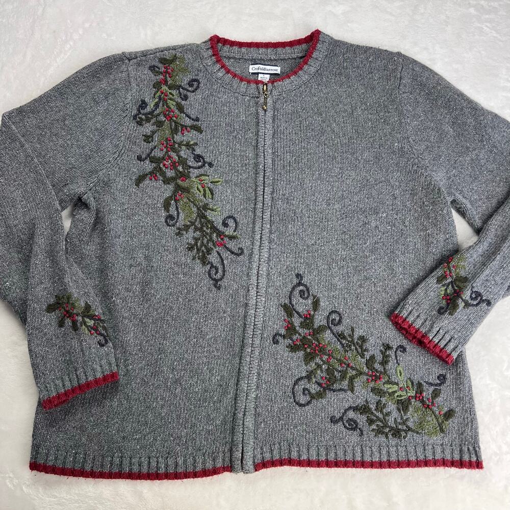 Croft & Barrow Embroidered Mistletoe Gray Zip Up Sweater women's size Large